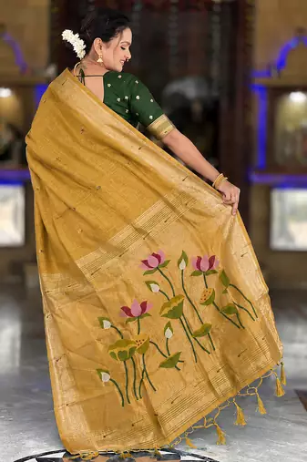 soft pure muga cotton  saree with meenakari  weaving  motifs and contrast blouse
