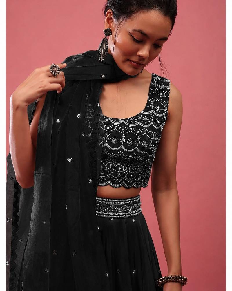 Black Embroidered work Party wear Lehenga choli with Dupatta.