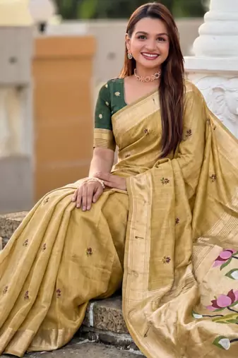 soft pure muga cotton  saree with meenakari  weaving  motifs and contrast blouse