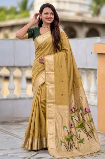 soft pure muga cotton  saree with meenakari  weaving  motifs and contrast blouse