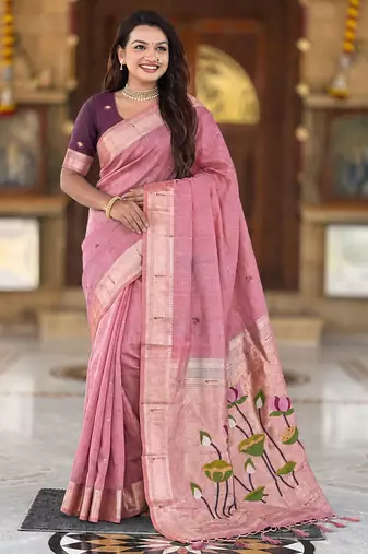 soft pure muga cotton  saree with meenakari  weaving  motifs and contrast blouse