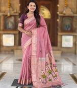 soft pure muga cotton  saree with meenakari  weaving  motifs and contrast blouse