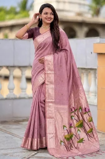 soft pure muga cotton  saree with meenakari  weaving  motifs and contrast blouse