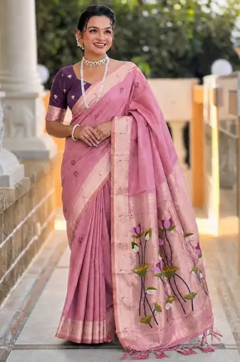 soft pure muga cotton  saree with meenakari  weaving  motifs and contrast blouse