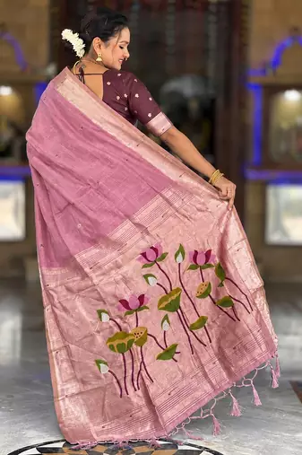 soft pure muga cotton  saree with meenakari  weaving  motifs and contrast blouse