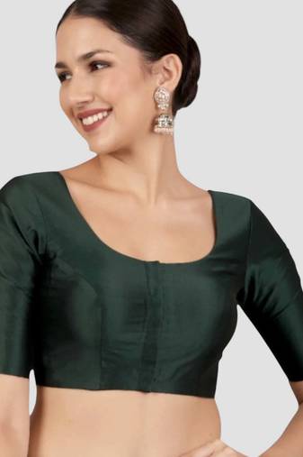 Bottle green plain banglori silk elbow sleeves padded readymade saree blouse