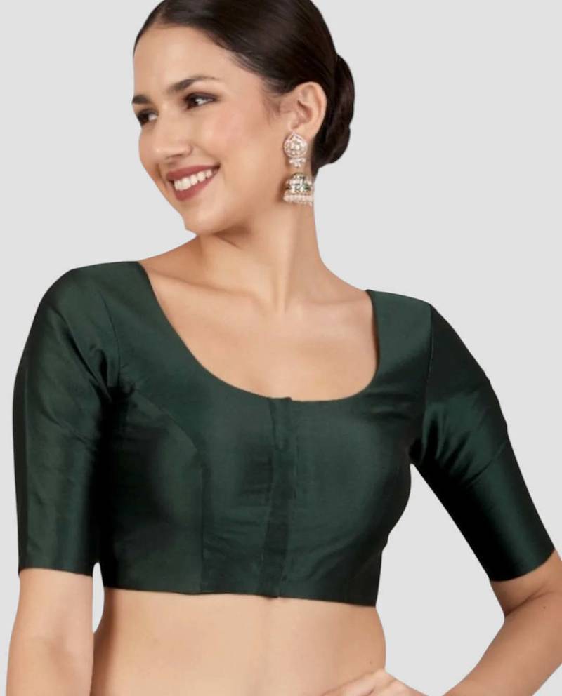Bottle green plain banglori silk elbow sleeves padded readymade saree blouse