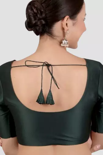 Bottle green plain banglori silk elbow sleeves padded readymade saree blouse