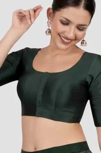 Bottle green plain banglori silk elbow sleeves padded readymade saree blouse