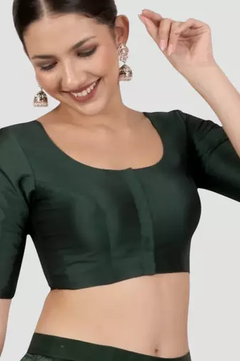 Bottle green plain banglori silk elbow sleeves padded readymade saree blouse