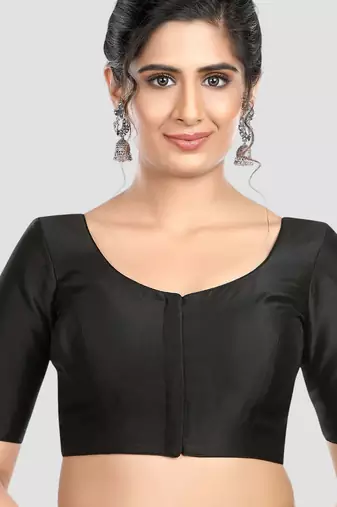 Black plain banglori silk elbow sleeves padded readymade saree blouse
