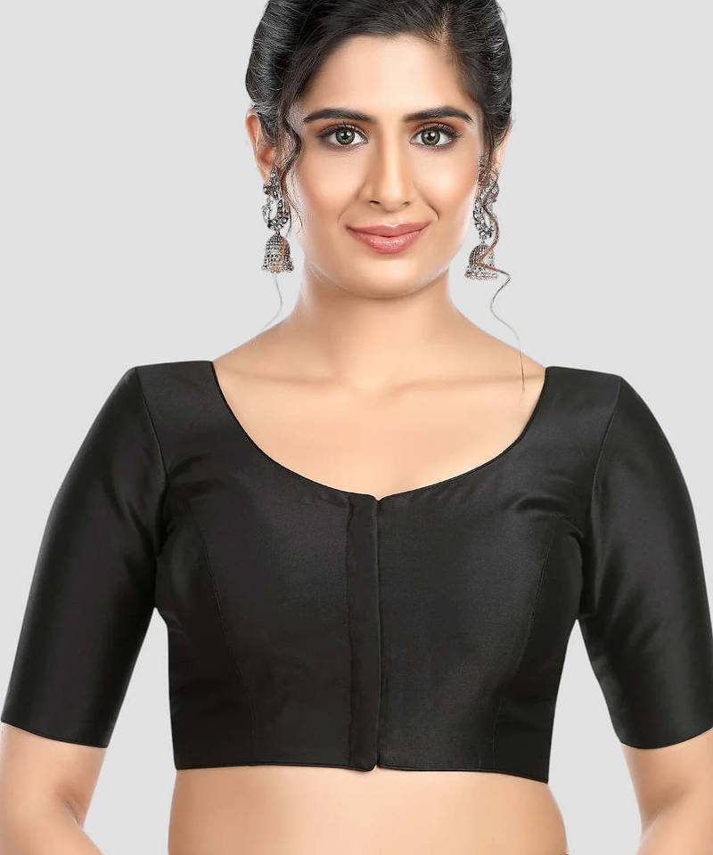 Black plain banglori silk elbow sleeves padded readymade saree blouse