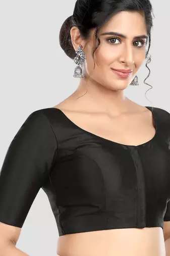 Black plain banglori silk elbow sleeves padded readymade saree blouse