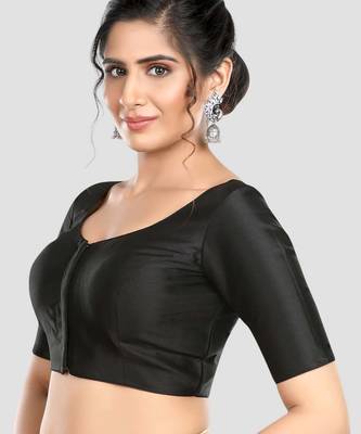 Black plain banglori silk elbow sleeves padded readymade saree blouse 4