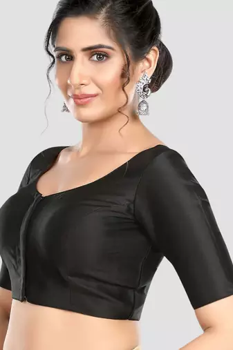 Black plain banglori silk elbow sleeves padded readymade saree blouse