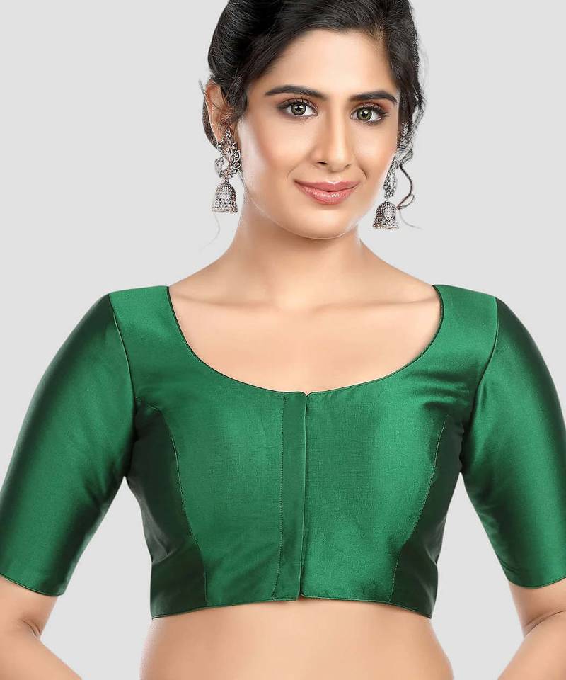 Green plain banglori silk elbow sleeves padded readymade saree blouse