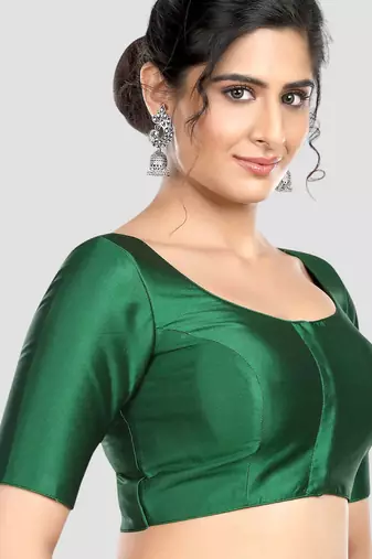 Green plain banglori silk elbow sleeves padded readymade saree blouse