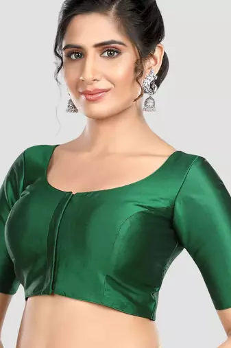 Green plain banglori silk elbow sleeves padded readymade saree blouse