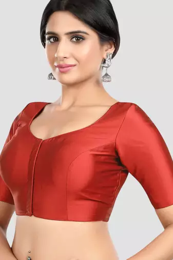 Maroon plain banglori silk elbow sleeves padded readymade saree blouse
