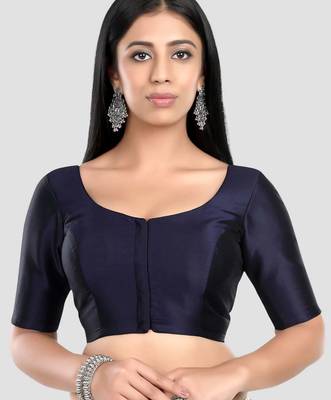 Navy blue plain banglori silk elbow sleeves padded readymade saree blouse 1