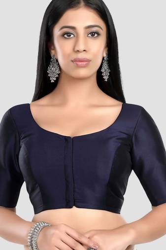 Navy blue plain banglori silk elbow sleeves padded readymade saree blouse