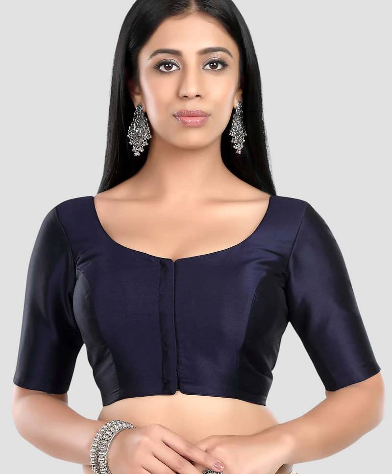 Navy blue plain banglori silk elbow sleeves padded readymade saree blouse