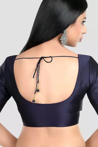 Navy blue plain banglori silk elbow sleeves padded readymade saree blouse
