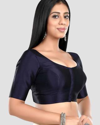 Navy blue plain banglori silk elbow sleeves padded readymade saree blouse 3