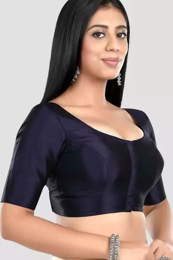 Navy blue plain banglori silk elbow sleeves padded readymade saree blouse