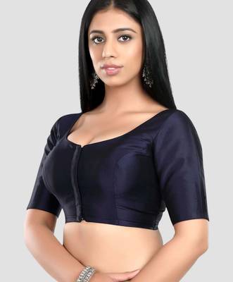 Navy blue plain banglori silk elbow sleeves padded readymade saree blouse 4