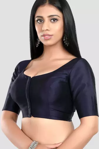 Navy blue plain banglori silk elbow sleeves padded readymade saree blouse