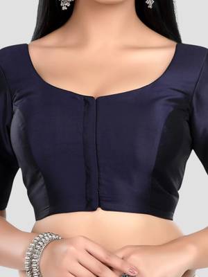 Navy blue plain banglori silk elbow sleeves padded readymade saree blouse 5