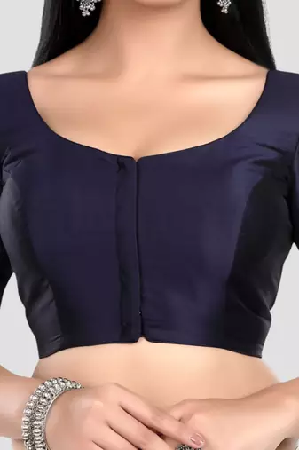 Navy blue plain banglori silk elbow sleeves padded readymade saree blouse