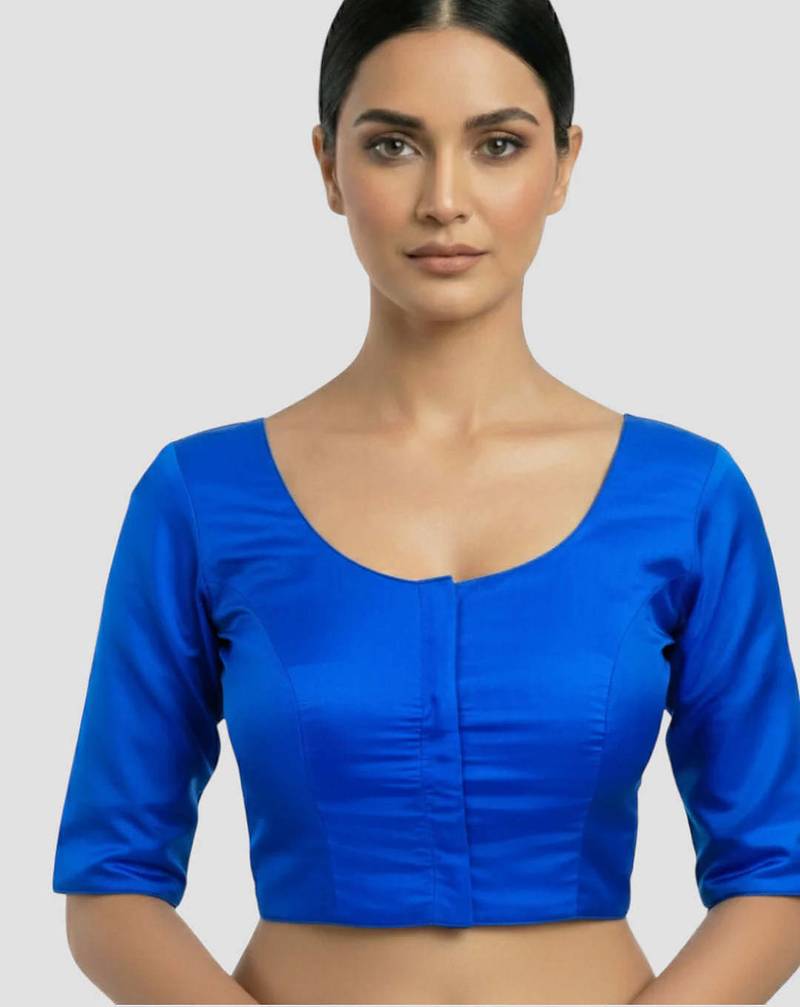 Royal blue plain banglori silk elbow sleeves padded readymade saree blouse