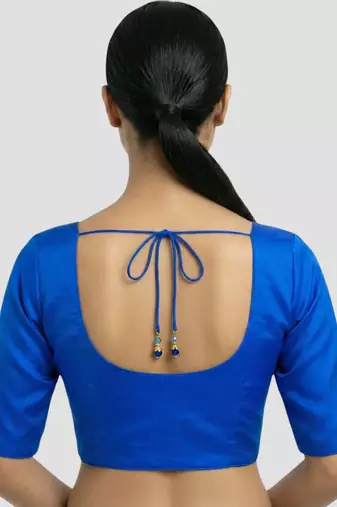 Royal blue plain banglori silk elbow sleeves padded readymade saree blouse
