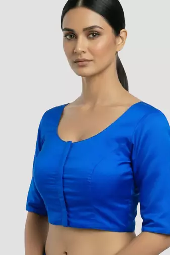 Royal blue plain banglori silk elbow sleeves padded readymade saree blouse