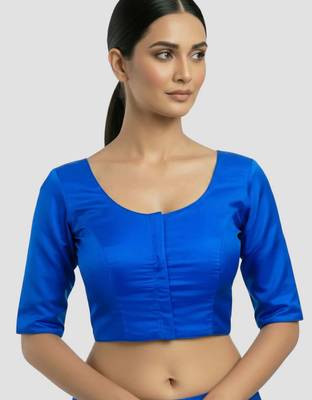 Royal blue plain banglori silk elbow sleeves padded readymade saree blouse 4