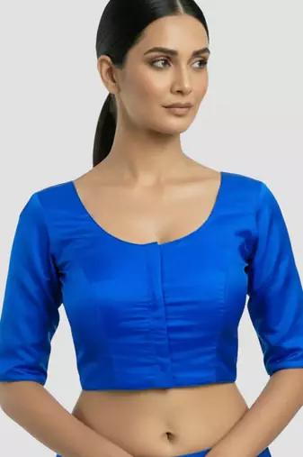 Royal blue plain banglori silk elbow sleeves padded readymade saree blouse