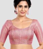 Baby pink brocade half sleeves padded readymade saree blouse