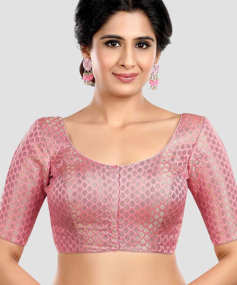 Baby pink brocade half sleeves padded readymade saree blouse
