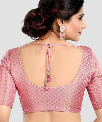 Baby pink brocade half sleeves padded readymade saree blouse 2