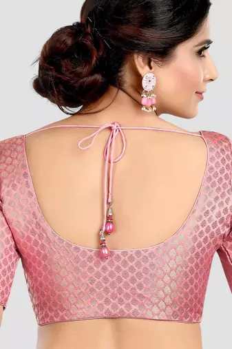 Baby pink brocade half sleeves padded readymade saree blouse