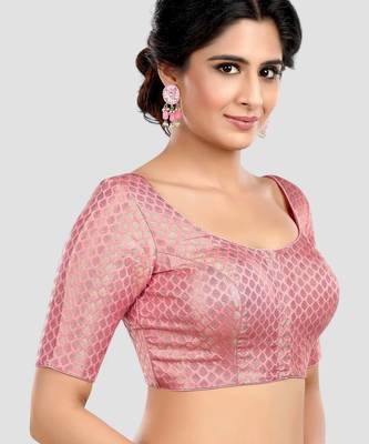 Baby pink brocade half sleeves padded readymade saree blouse 3