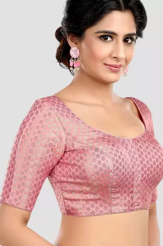 Baby pink brocade half sleeves padded readymade saree blouse