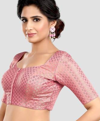 Baby pink brocade half sleeves padded readymade saree blouse 4