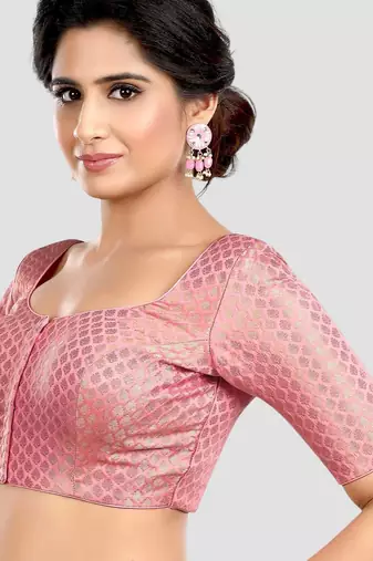Baby pink brocade half sleeves padded readymade saree blouse