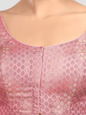 Baby pink brocade half sleeves padded readymade saree blouse 5