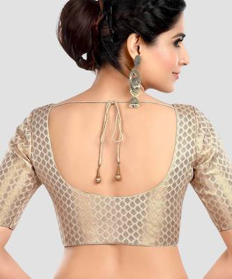 Cream brocade half sleeves padded readymade saree blouse 2