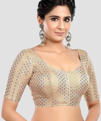 Cream brocade half sleeves padded readymade saree blouse 3