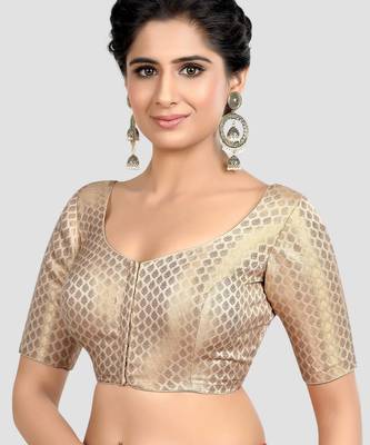 Cream brocade half sleeves padded readymade saree blouse 4